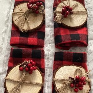 Holiday Table Napkins - Set of 4 - Buffalo Red Plaid with Coasters & Berry decor